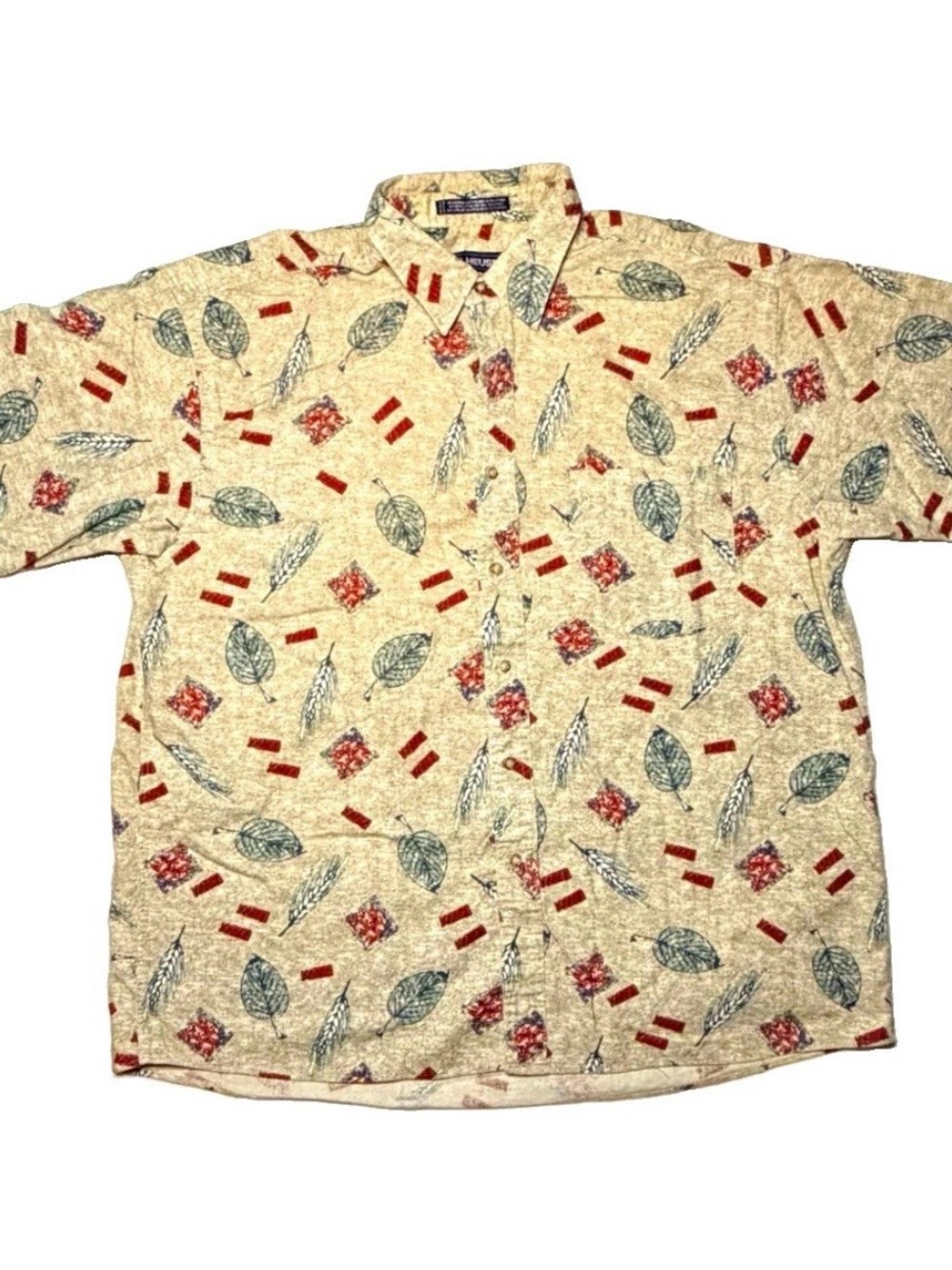 Van Heusen Cream Short-Sleeve Button-Down with Teal Leaf & Red Accents